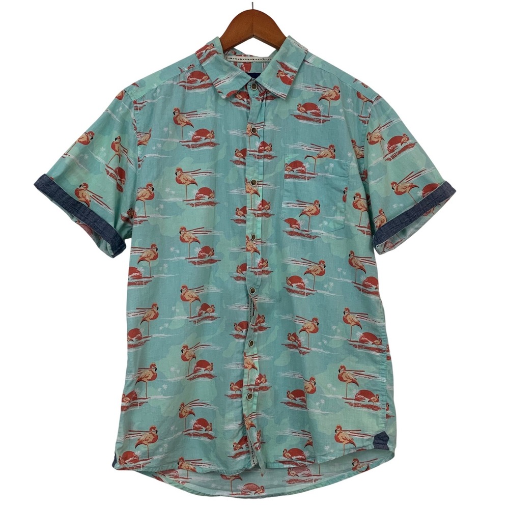 Visitor Mens Size M Flamingo Tropical Print Short Sleeve Button‎ Down Shirt Teal